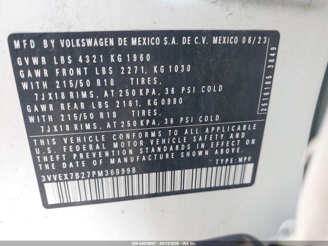 Aukcja sprzedaży 2023 Volkswagen Taos 1.5t Se, vin: 3VVEX7B27PM368998, numer aukcji: 44836967