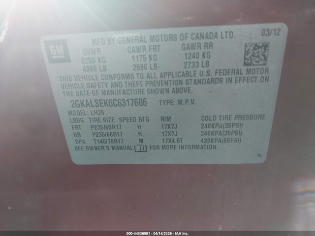 Aukcja sprzedaży 2012 Gmc Terrain Sle-2, vin: 2GKALSEK6C6317606, numer aukcji: 44836981