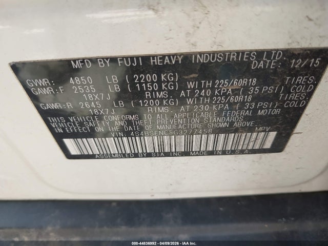 Продажа на аукционе авто 2016 Subaru Outback 3.6r Limited, vin: 4S4BSENC5G3277458, номер лота: 44836992