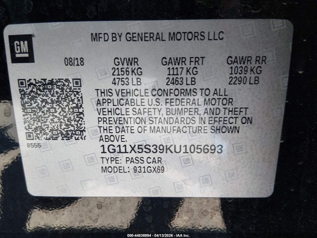 2019 Chevrolet Impala Ls მანქანა იყიდება აუქციონზე, vin: 1G11X5S39KU105693, აუქციონის ნომერი: 44836994