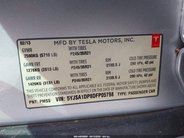 2013 Tesla Model S Performance მანქანა იყიდება აუქციონზე, vin: 5YJSA1DP8DFP05798, აუქციონის ნომერი: 44836995
