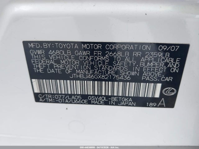 Продаж на аукціоні авто 2008 Lexus Es 350, vin: JTHBJ46GX82175436, номер лоту: 44836999