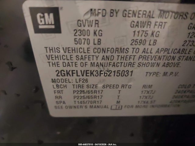 Aukcja sprzedaży 2015 Gmc Terrain Sle-1, vin: 2GKFLVEK3F6215031, numer aukcji: 44837010
