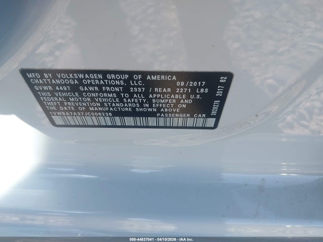 44837041 :رقم المزاد ، 1VWBA7A37JC006236 vin ، 2018 Volkswagen Passat 2.0t Se مزاد بيع