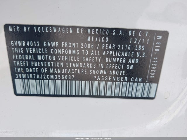 44837045 :رقم المزاد ، 3VW1K7AJ2CM356687 vin ، 2012 Volkswagen Jetta 2.0l S مزاد بيع