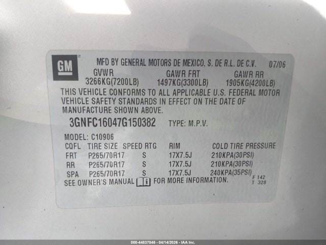 Продажа на аукционе авто 2007 Chevrolet Suburban 1500 Lt, vin: 3GNFC16047G150382, номер лота: 44837046