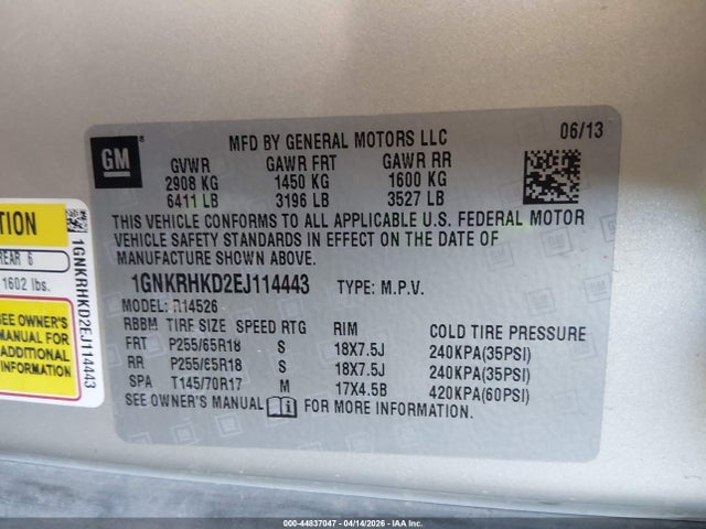 1GNKRHKD2EJ114443 Chevrolet Traverse 2lt