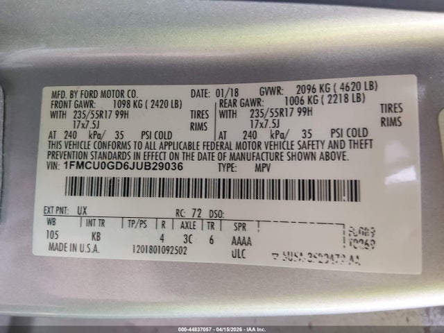 1FMCU0GD6JUB29036 Ford ESCAPE SE