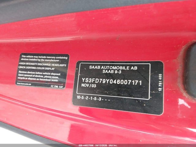 Продаж на аукціоні авто 2004 Saab 9-3 Arc, vin: YS3FD79Y046007171, номер лоту: 44837066
