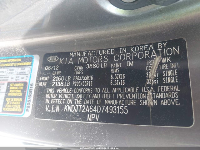 44837071 :رقم المزاد ، KNDJT2A64D7493155 vin ، 2013 Kia Soul + مزاد بيع