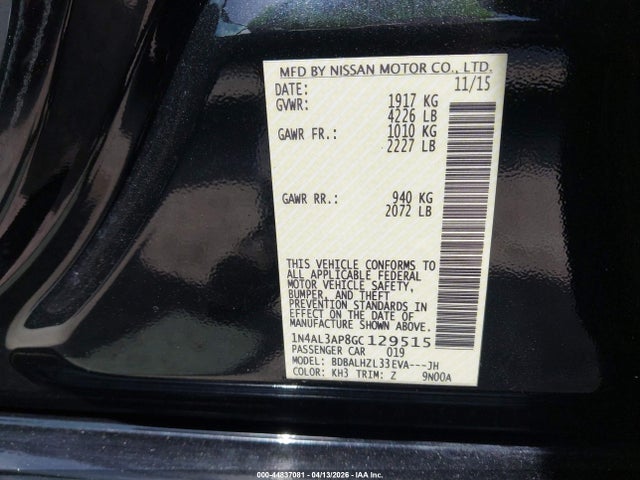 Aukcja sprzedaży 2016 Nissan Altima 2.5 Sr, vin: 1N4AL3AP8GC129515, numer aukcji: 44837081