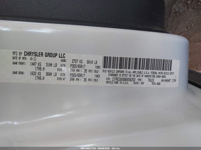 2011 Ram Dakota Bighorn/lonestar მანქანა იყიდება აუქციონზე, vin: 1D7RE3GK8BS656252, აუქციონის ნომერი: 44837104