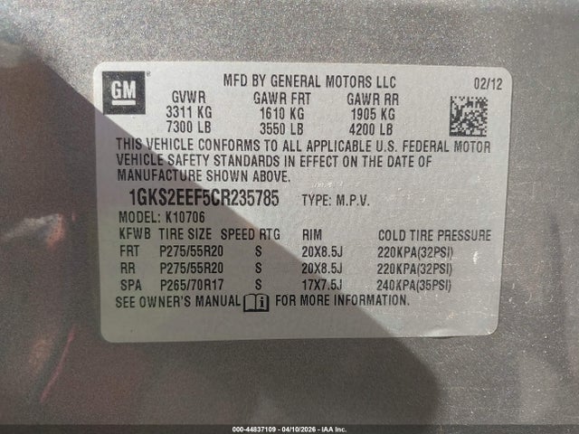 44837109 :رقم المزاد ، 1GKS2EEF5CR235785 vin ، 2012 Gmc Yukon Denali مزاد بيع