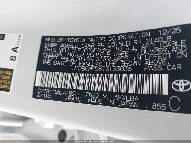 JTDBCMFE8T3133036 Toyota Corolla Hybrid Hybrid Le