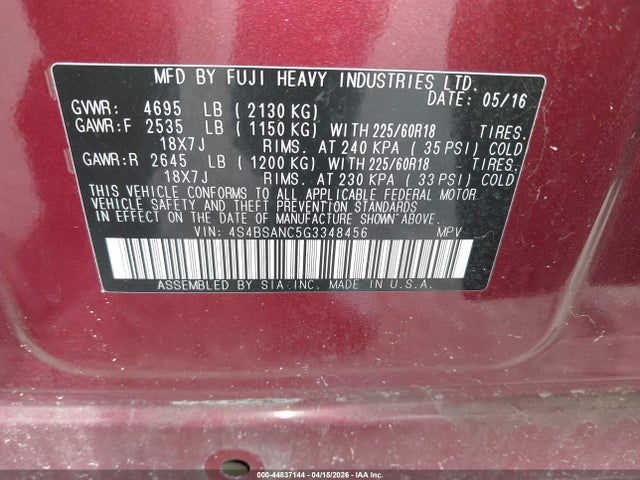 4S4BSANC5G3348456 Subaru Outback 2.5i Limited