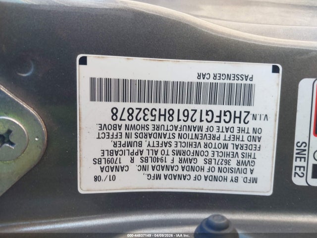 Продажа на аукционе авто 2008 Honda Civic Lx, vin: 2HGFG12618H532878, номер лота: 44837149