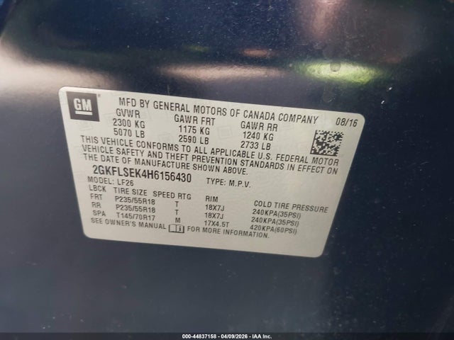 Aukcja sprzedaży 2017 Gmc Terrain Sle-1, vin: 2GKFLSEK4H6156430, numer aukcji: 44837158