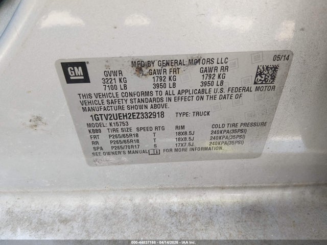 Aukcja sprzedaży 2014 Gmc Sierra 1500 Sle, vin: 1GTV2UEH2EZ332918, numer aukcji: 44837168
