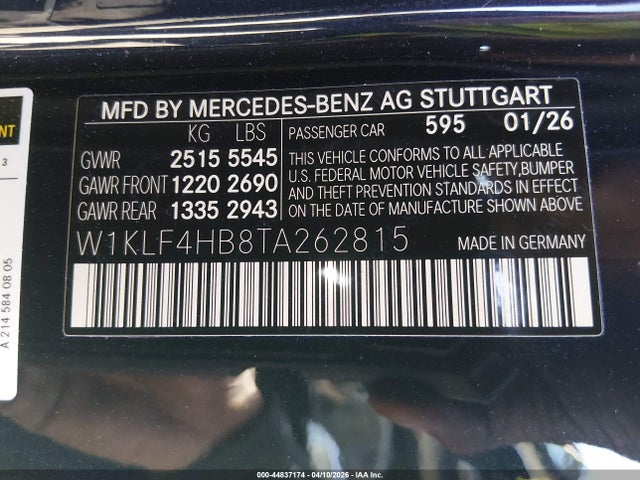 44837174 :رقم المزاد ، W1KLF4HB8TA262815 vin ، 2026 Mercedes-benz E 350 مزاد بيع