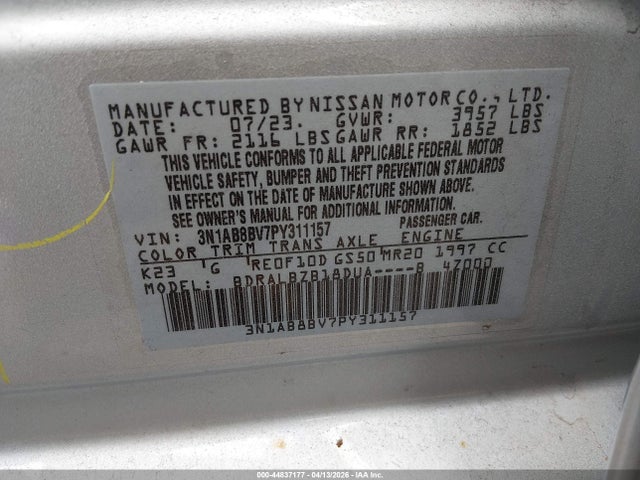 44837177 :رقم المزاد ، 3N1AB8BV7PY311157 vin ، 2023 Nissan Sentra S Xtronic Cvt مزاد بيع