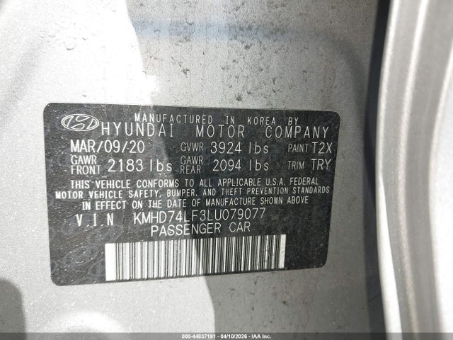 Продаж на аукціоні авто 2020 Hyundai Elantra Se, vin: KMHD74LF3LU079077, номер лоту: 44837191