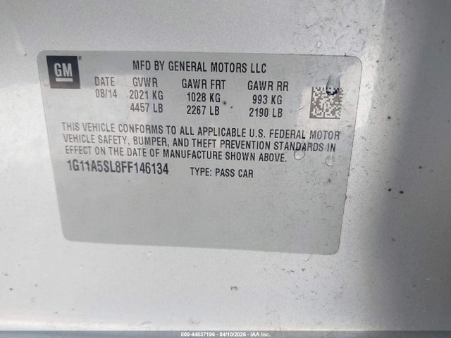 2015 Chevrolet Malibu 1fl მანქანა იყიდება აუქციონზე, vin: 1G11A5SL8FF146134, აუქციონის ნომერი: 44837196