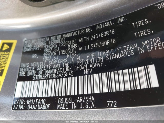 Продаж на аукціоні авто 2017 Toyota Highlander Le Plus, vin: 5TDBZRFH3HS475845, номер лоту: 44837198