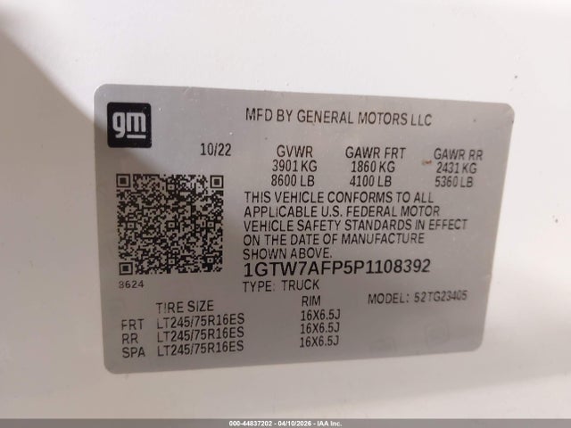 44837202 :رقم المزاد ، 1GTW7AFP5P1108392 vin ، 2023 Gmc Savana Cargo Rwd 2500 Regular Wheelbase Work Van مزاد بيع