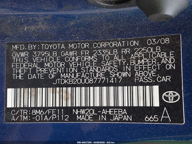 2008 Toyota Prius მანქანა იყიდება აუქციონზე, vin: JTDKB20U087771417, აუქციონის ნომერი: 44837209