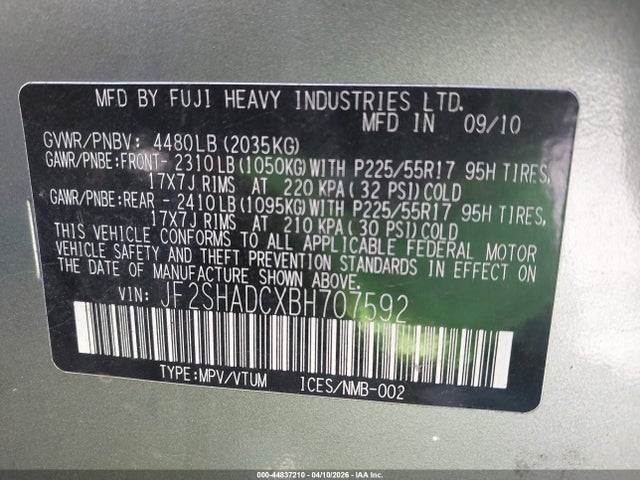 Aukcja sprzedaży 2011 Subaru Forester 2.5x Premium, vin: JF2SHADCXBH707592, numer aukcji: 44837210