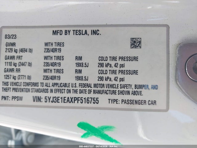 Aukcja sprzedaży 2023 Tesla Model 3 Rear-wheel Drive, vin: 5YJ3E1EAXPF516755, numer aukcji: 44837227