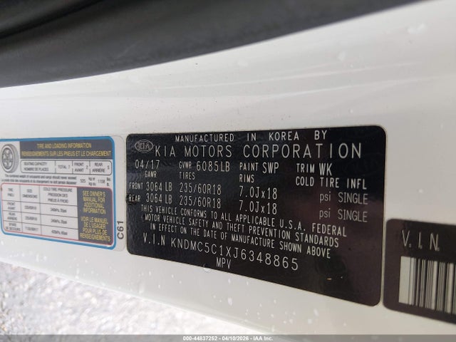 44837252 :رقم المزاد ، KNDMC5C1XJ6348865 vin ، 2018 Kia Sedona Sx مزاد بيع