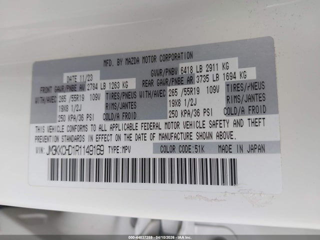 Aukcja sprzedaży 2024 Mazda Cx-90 3.3 Turbo Preferred Plus, vin: JM3KKCHD1R1149169, numer aukcji: 44837259