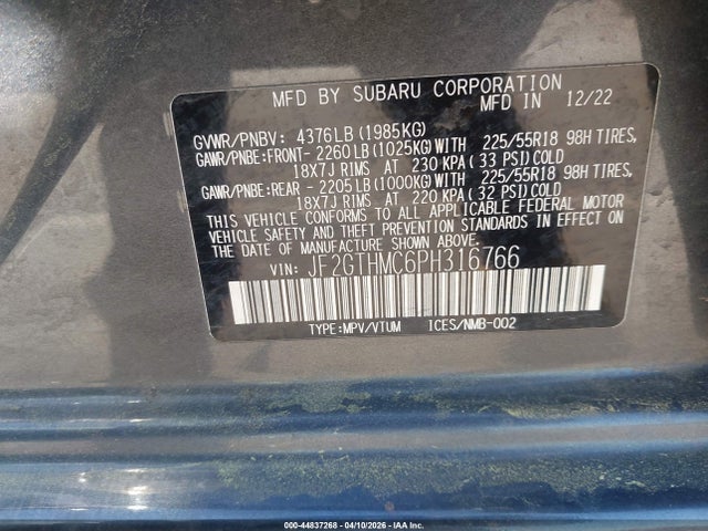 2023 Subaru Crosstrek Limited მანქანა იყიდება აუქციონზე, vin: JF2GTHMC6PH316766, აუქციონის ნომერი: 44837268