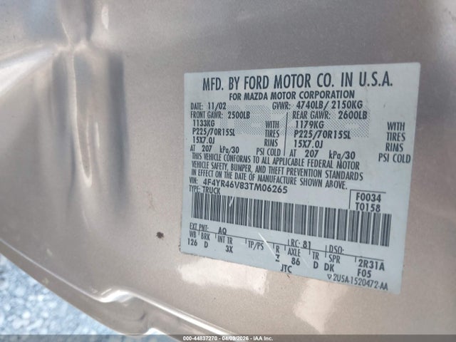 2003 Mazda B3000 Se მანქანა იყიდება აუქციონზე, vin: 4F4YR46V83TM06265, აუქციონის ნომერი: 44837270