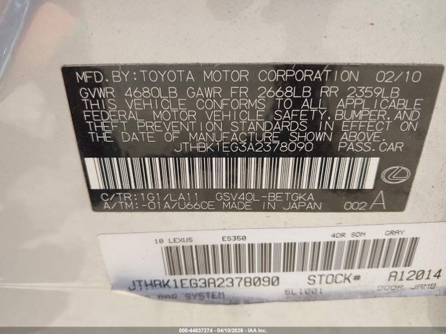 44837274 :رقم المزاد ، JTHBK1EG3A2378090 vin ، 2010 Lexus Es 350 مزاد بيع