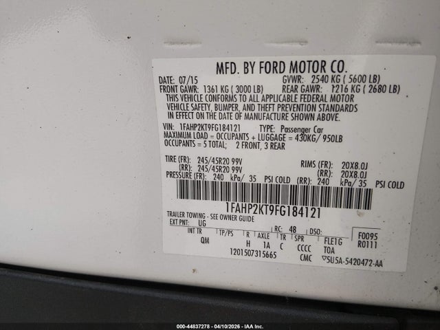 Aukcja sprzedaży 2015 Ford Taurus Sho, vin: 1FAHP2KT9FG184121, numer aukcji: 44837278