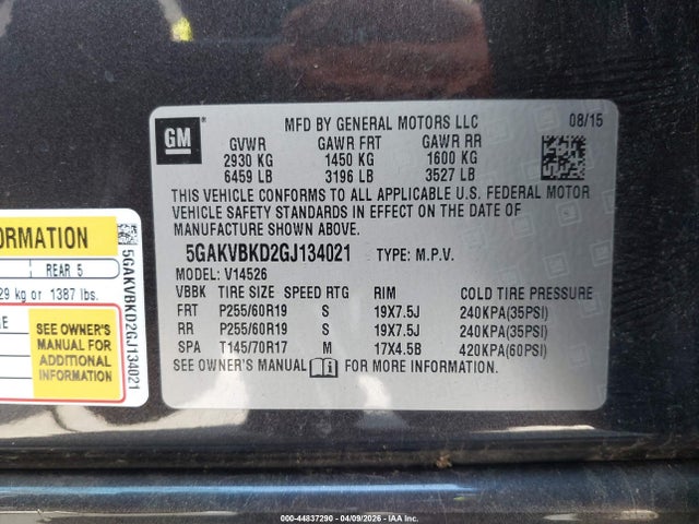 2016 Buick Enclave Leather მანქანა იყიდება აუქციონზე, vin: 5GAKVBKD2GJ134021, აუქციონის ნომერი: 44837290