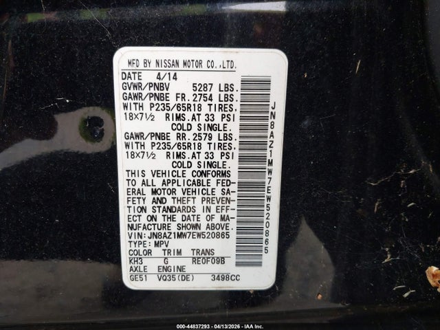 44837293 :رقم المزاد ، JN8AZ1MW7EW520865 vin ، 2014 Nissan Murano S مزاد بيع