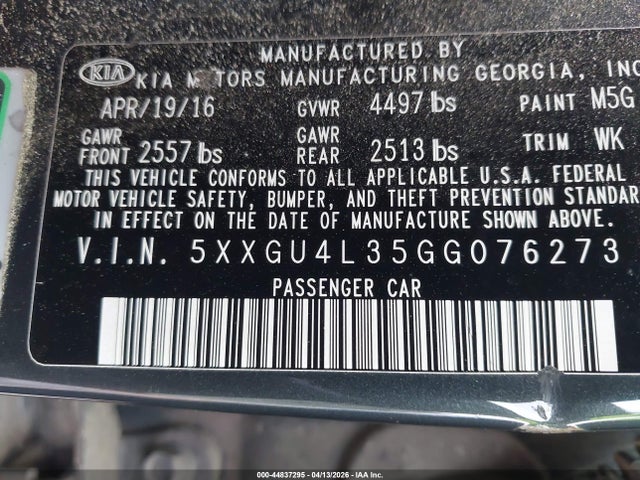 2016 Kia Optima Ex მანქანა იყიდება აუქციონზე, vin: 5XXGU4L35GG076273, აუქციონის ნომერი: 44837295