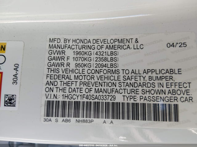 2025 Honda Accord Se მანქანა იყიდება აუქციონზე, vin: 1HGCY1F40SA033729, აუქციონის ნომერი: 44837310