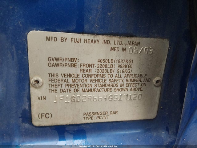 2004 Subaru Impreza Wrx მანქანა იყიდება აუქციონზე, vin: JF1GD29664G517120, აუქციონის ნომერი: 44837311