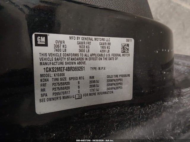 44837346 :رقم المزاد ، 1GKS2MEF4BR369261 vin ، 2011 Gmc Yukon Xl 1500 Denali مزاد بيع