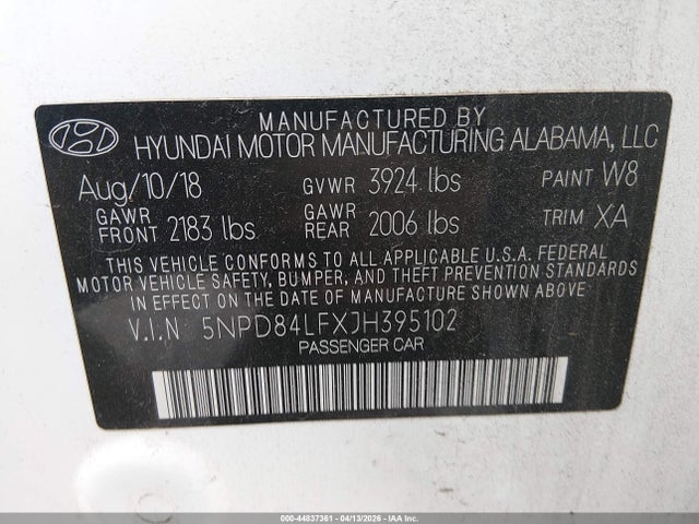 5NPD84LFXJH395102 Hyundai ELANTRA SEL