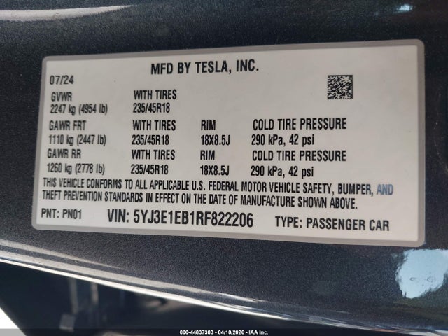 Aukcja sprzedaży 2024 Tesla Model 3 Long Range Dual Motor All-wheel Drive, vin: 5YJ3E1EB1RF822206, numer aukcji: 44837383