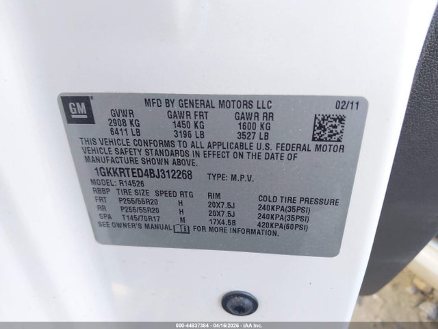 Aukcja sprzedaży 2011 Gmc Acadia Denali, vin: 1GKKRTED4BJ312268, numer aukcji: 44837384
