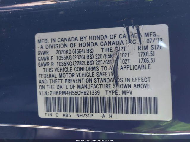 Aukcja sprzedaży 2012 Honda Cr-v Ex, vin: 2HKRM4H55CH621339, numer aukcji: 44837391