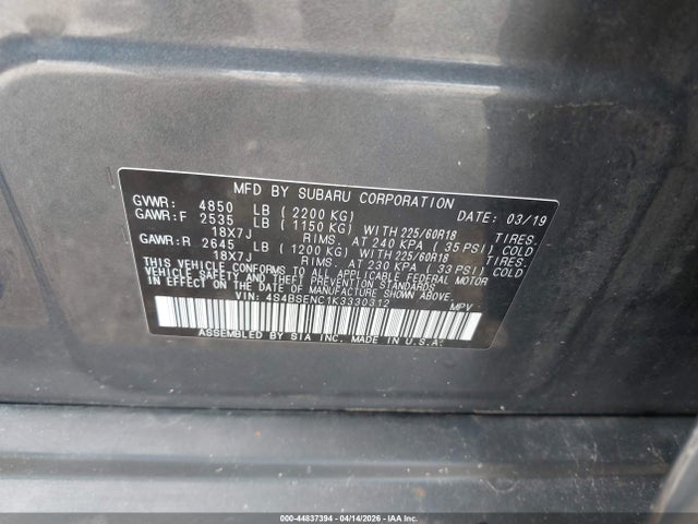 2019 Subaru Outback 3.6r Limited მანქანა იყიდება აუქციონზე, vin: 4S4BSENC1K3330312, აუქციონის ნომერი: 44837394