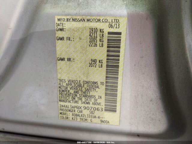 44837398 :رقم المزاد ، 1N4AL3AP6DC907063 vin ، 2013 Nissan Altima 2.5 S مزاد بيع