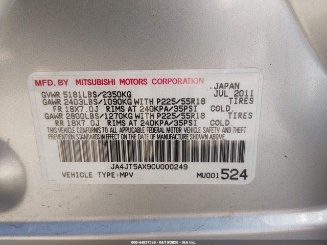 Aukcja sprzedaży 2012 Mitsubishi Outlander Gt, vin: JA4JT5AX9CU000249, numer aukcji: 44837399
